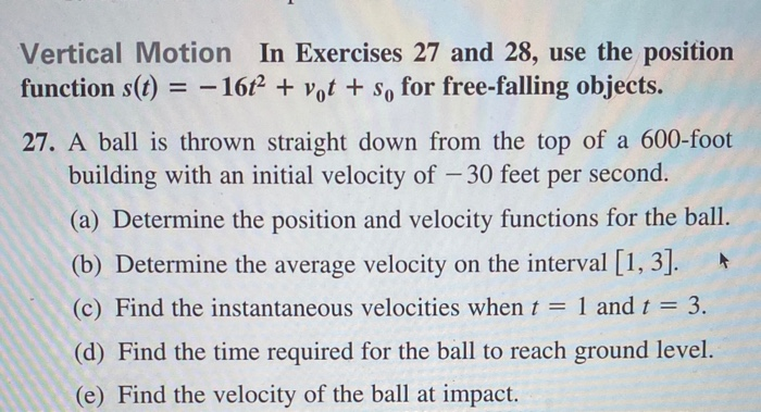 Solved Vertical Motion In Exercises 27 and 28, use the | Chegg.com