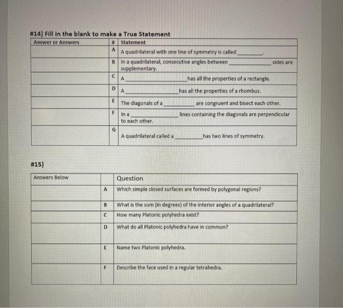 Solved #14) Fill in the blank to make a True Statement | Chegg.com