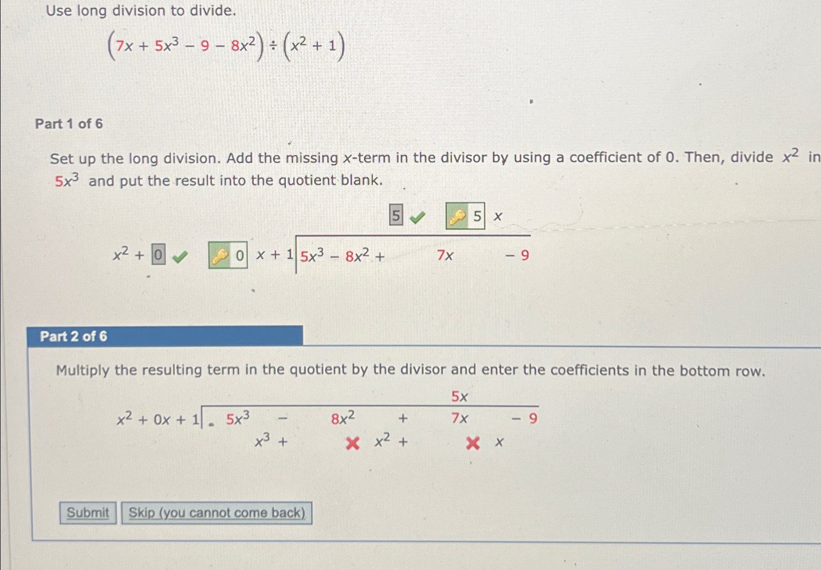 solved-use-long-division-to-divide-7x-5x3-9-8x2-x2-1-part-chegg