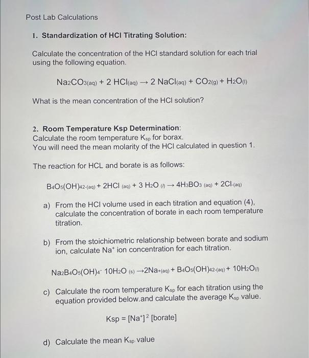 Post Lab Calculations 1. Standardization Of HCl | Chegg.com