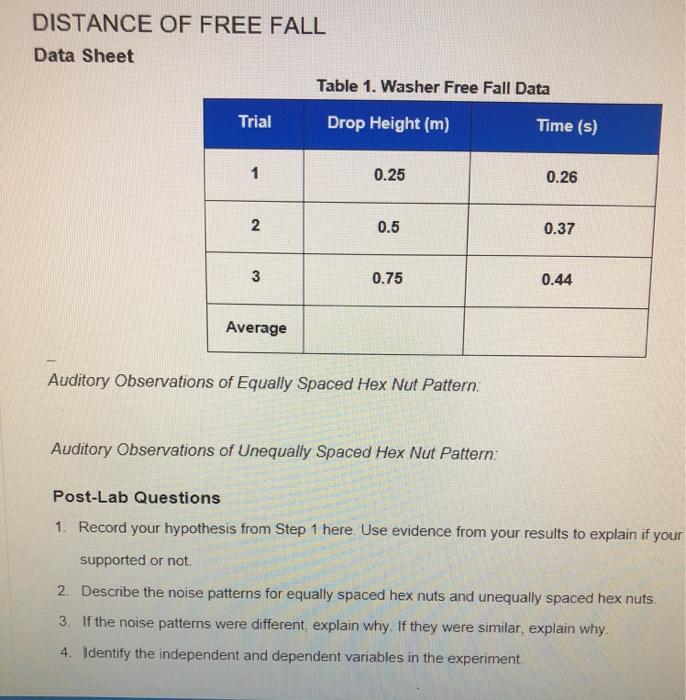 experiment 1 distance of free fall