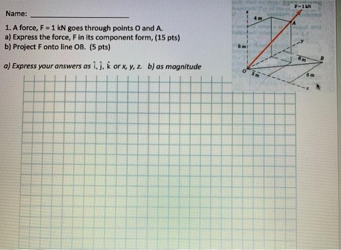 Solved P-IN Name: A 1. A force, F = 1 kN goes through points | Chegg.com
