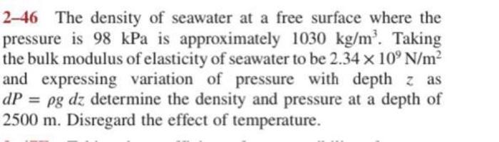 Solved 2-46 The density of seawater at a free surface where | Chegg.com