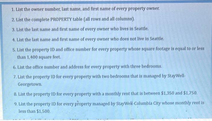 Solved 1. List the owner number, last name, and first name | Chegg.com