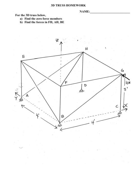 Solved 3D TRUSS HOMEWORK NAME: For the 3D truss below, a) | Chegg.com
