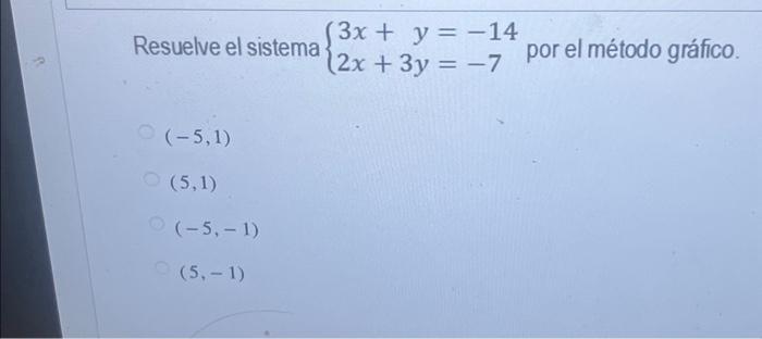 Resuelve el sistema \( \left\{\begin{array}{l}3 x+y=-14 \\ 2 x+3 y=-7\end{array}\right. \) por el método gráfico. \( (-5,1) \