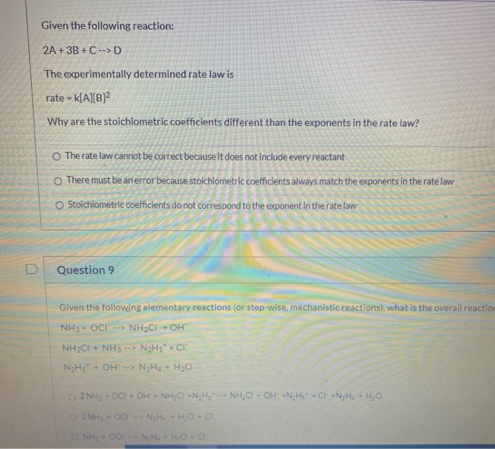 Solved Given the following reaction: 2A + 3B + C -->D The | Chegg.com