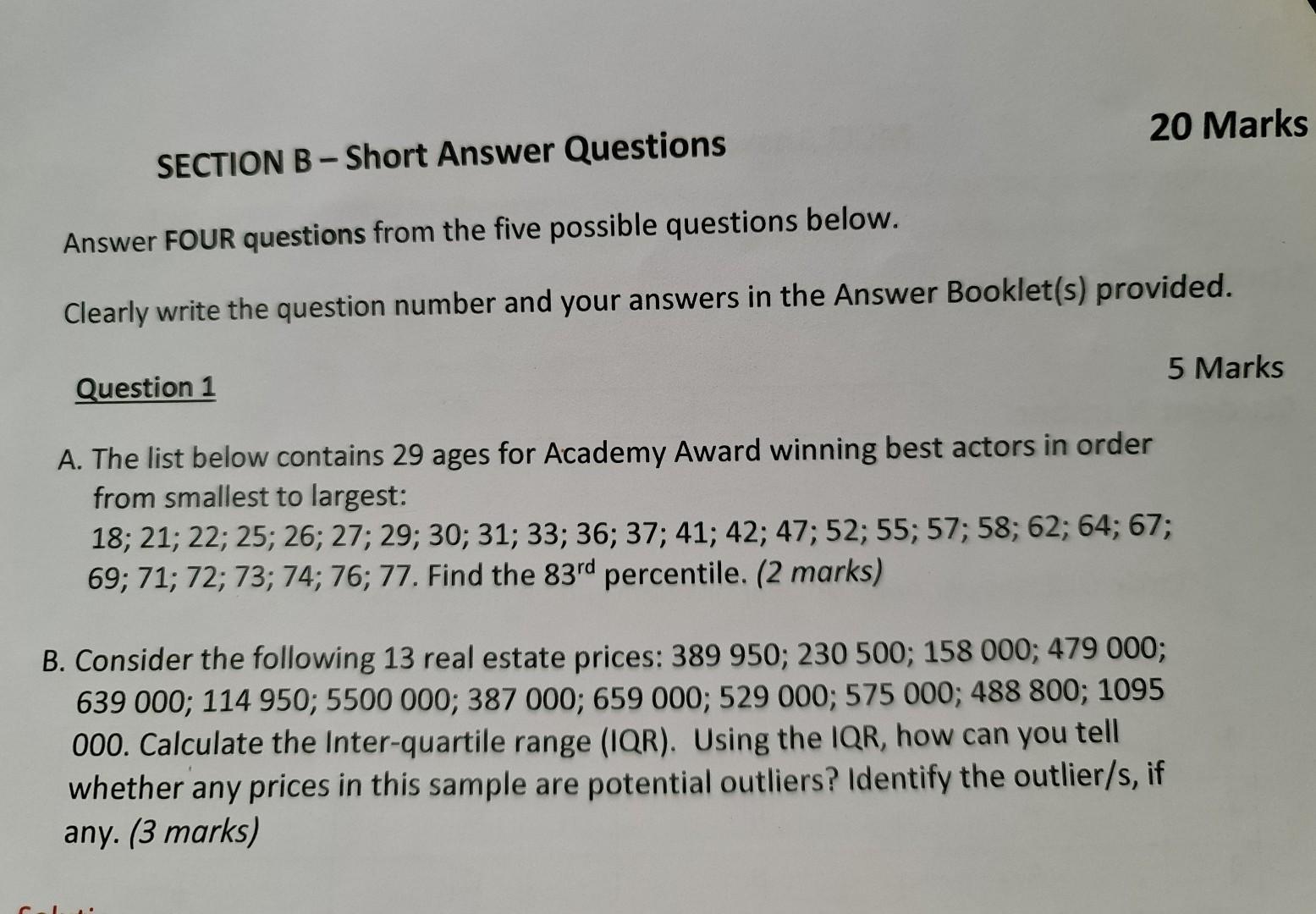 Solved 20 Marks SECTION B - Short Answer Questions Answer | Chegg.com