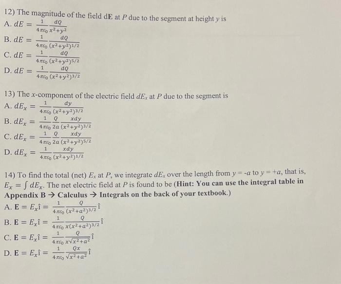 Solved 12) The magnitude of the field dE at P due to the | Chegg.com