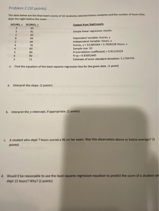 Solved Problem 2 (10 points) The data below are the final | Chegg.com