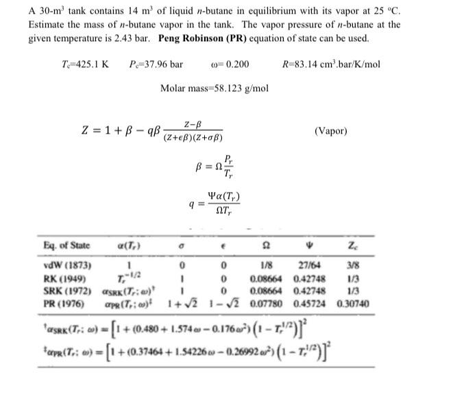 Solved A 30m tank contains 14 m' of liquid nbutane in
