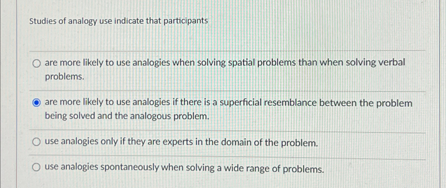 Solved Studies of analogy use indicate that participantsare | Chegg.com