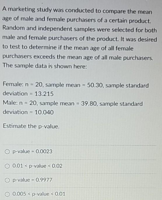 Solved A marketing study was conducted to compare the mean | Chegg.com