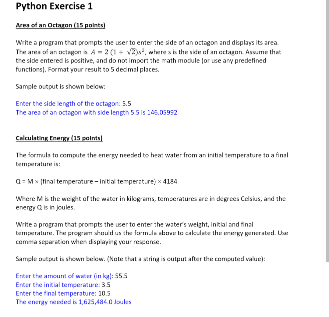 Solved Python Exercise 1Area of an Octagon (15 ๏ปฟpoints)Write | Chegg.com