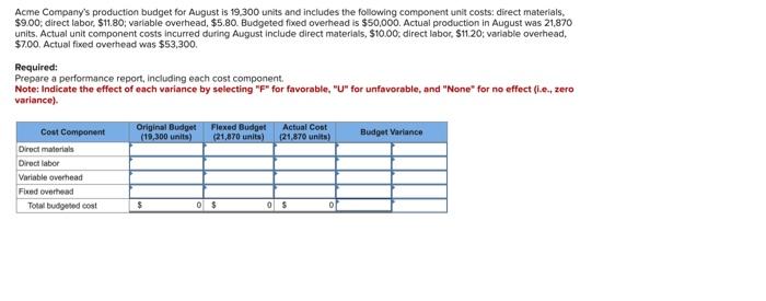 Solved Acme Company's production budget for August is 19,300 | Chegg.com