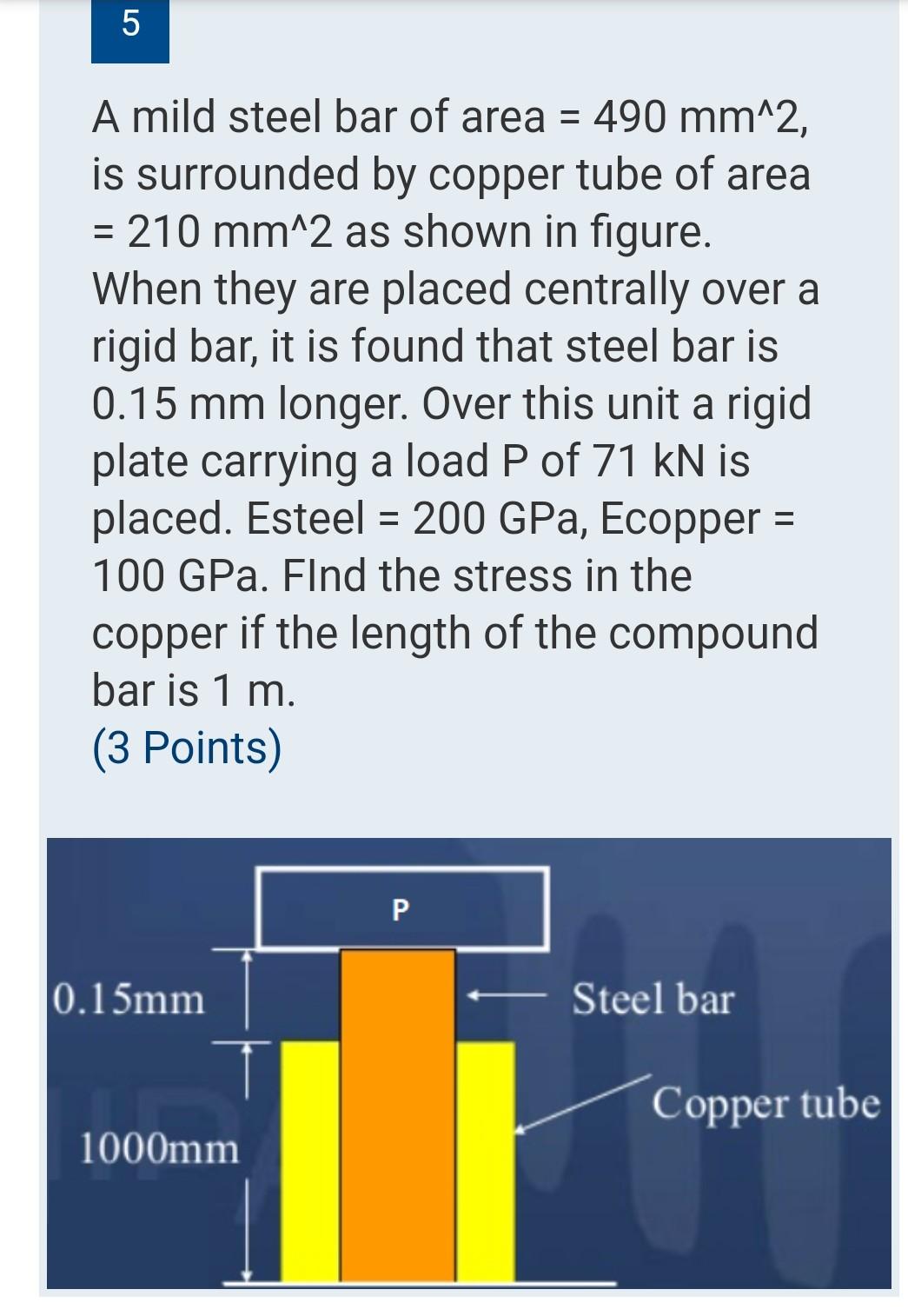 Solved 5 A mild steel bar of area = 490 mm^2, is surrounded | Chegg.com