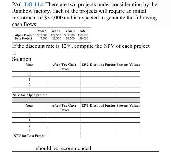 Solved PA6. LO 11.4 There are two projects under | Chegg.com