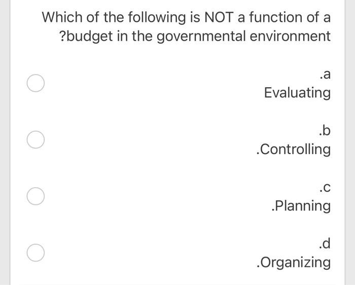 Solved Which Of The Following Is NOT A Function Of A ?budget | Chegg.com