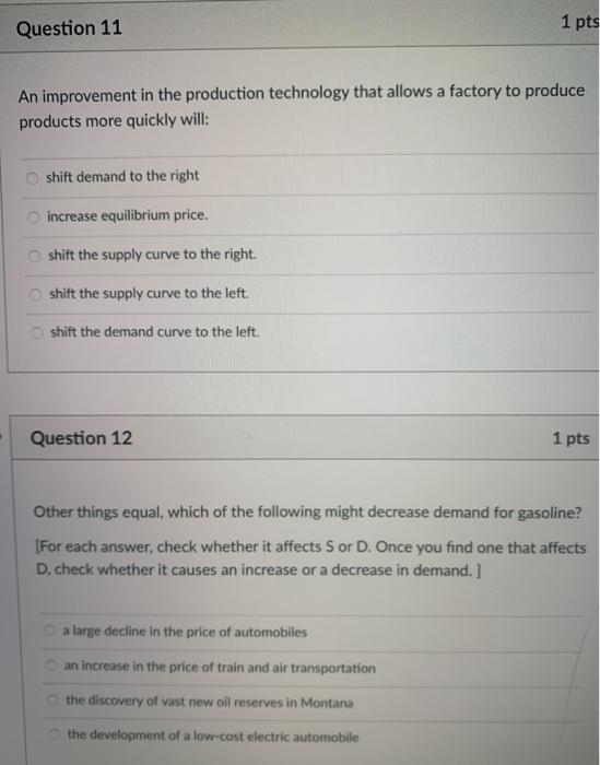 Solved Question 11 1 pts An improvement in the production | Chegg.com