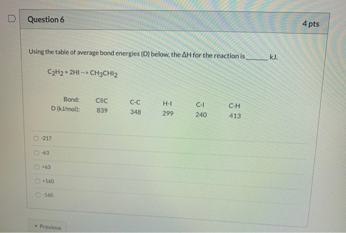 Solved Question 6 4 Pts Using The Table Of Average Bond | Chegg.com