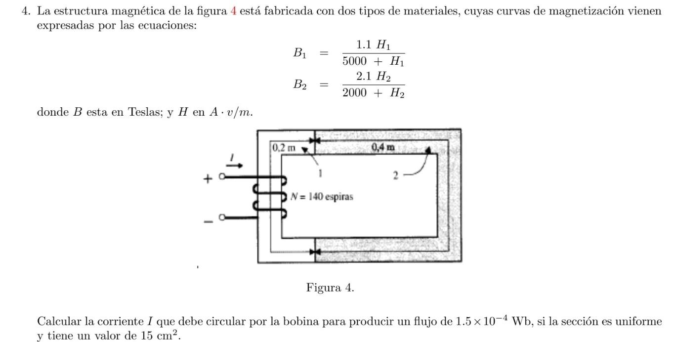 4. La estructura magnética de la figura 4 está fabricada con dos tipos de materiales, cuyas curvas de magnetización vienen ex