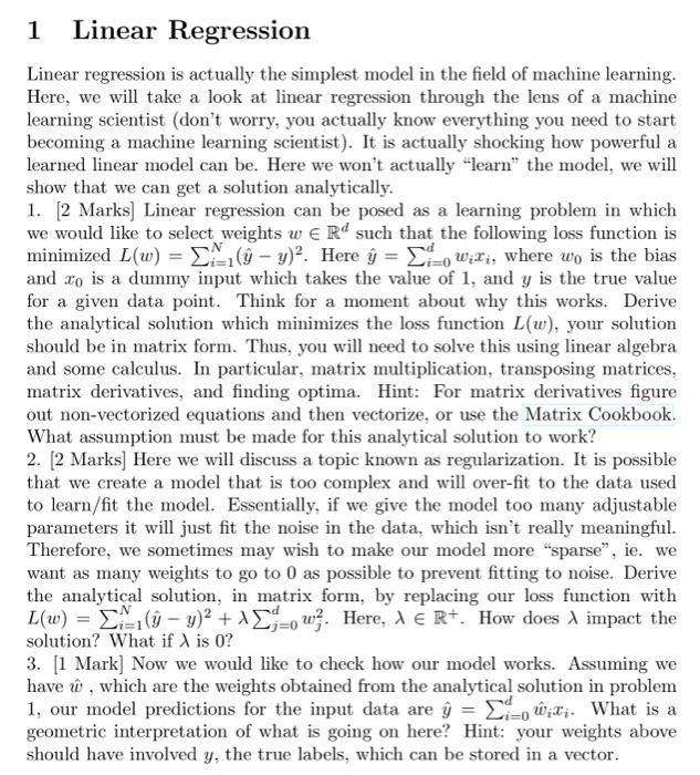 Solved 1 Linear Regression Linear regression is actually the | Chegg.com