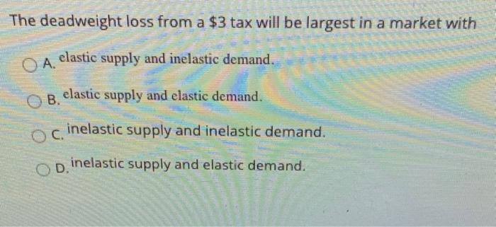 Solved The Deadweight Loss From A 3 Tax Will Be Largest In Chegg
