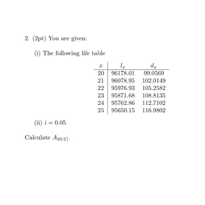Solved 2. (2pt) You are given: (i) The following life table | Chegg.com