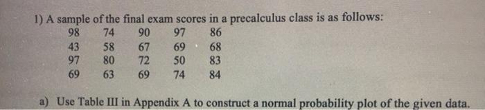 Solved 1) A sample of the final exam scores in a precalculus | Chegg.com