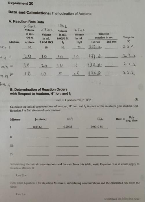 experiment 20 data and calculations the iodination of acetone