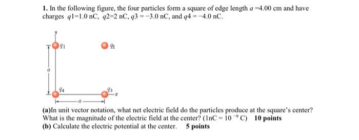 1. In the following figure, the four particles form a square of edge length \( a=4.00 \mathrm{~cm} \) and have charges \( q \