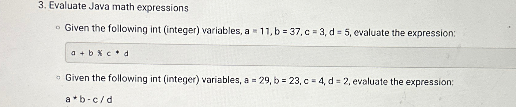 Solved Evaluate Java math expressionsGiven the following int | Chegg.com