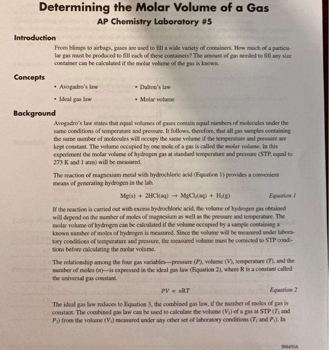 Determining the Molar Volume of a Gas AP Chemistry | Chegg.com