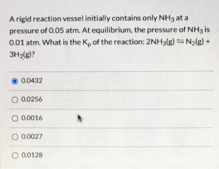 Solved A rigid reaction vessel initially contains only NH3