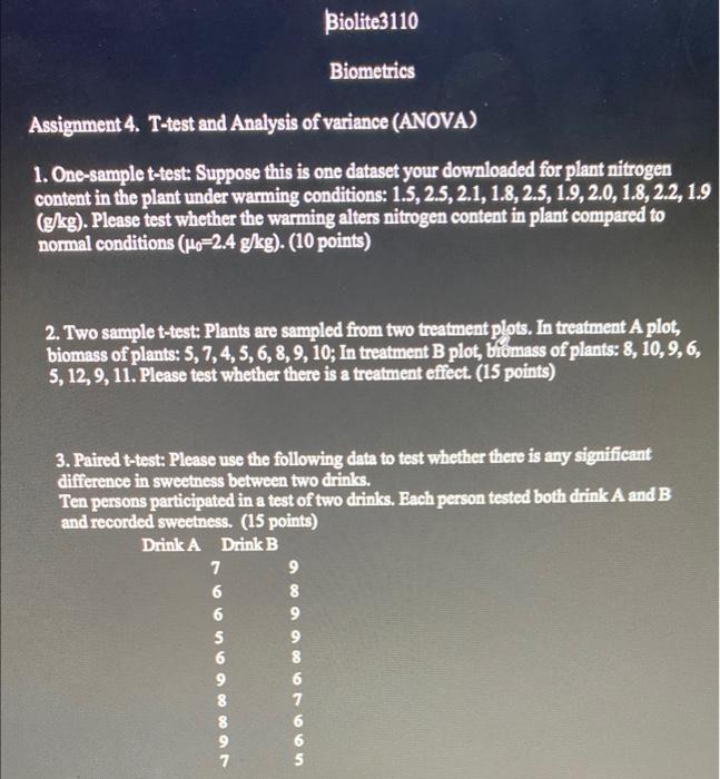 Solved Biometrics Assignment 4. T-test and Analysis of | Chegg.com