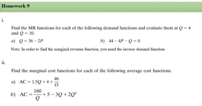 Solved Homework 9 Find the MR functions for each of the | Chegg.com