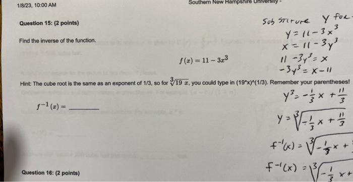 Solved Question 15: (2 Points) Find The Inverse Of The | Chegg.com