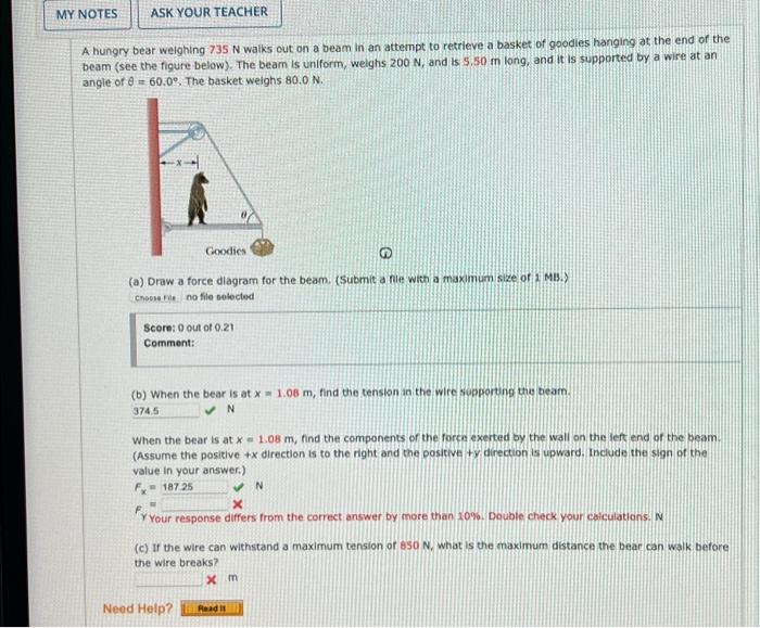 Solved A hungry bear welghing 735 N walks out on a beam in | Chegg.com