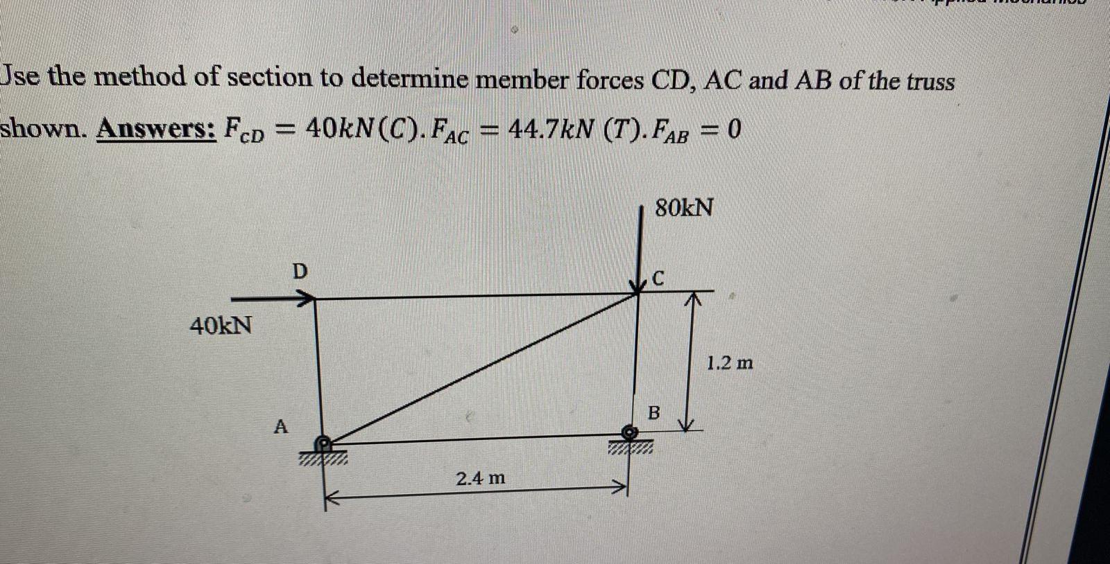 Solved Jse the method of section to determine member forces | Chegg.com