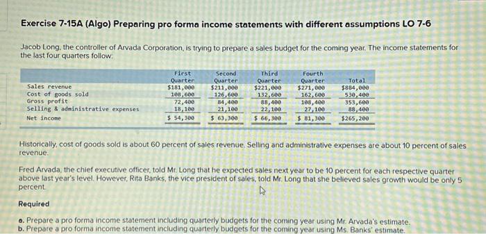 Solved a. Prepare a pro forma income statement including | Chegg.com