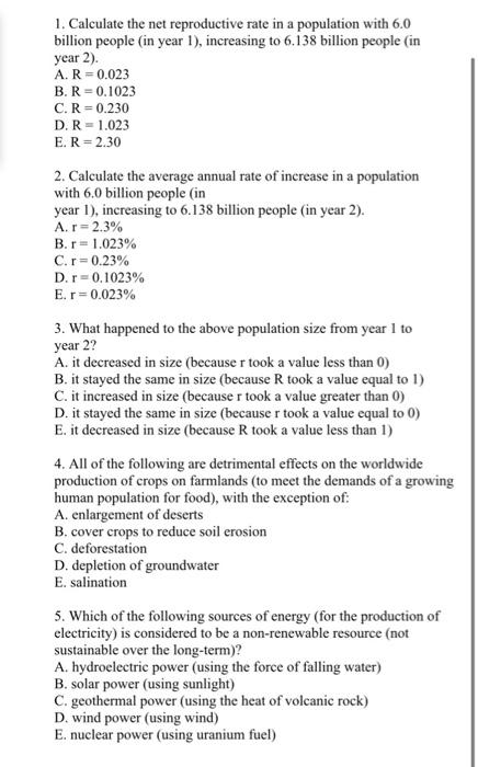 Solved 1. Calculate the net reproductive rate in a | Chegg.com