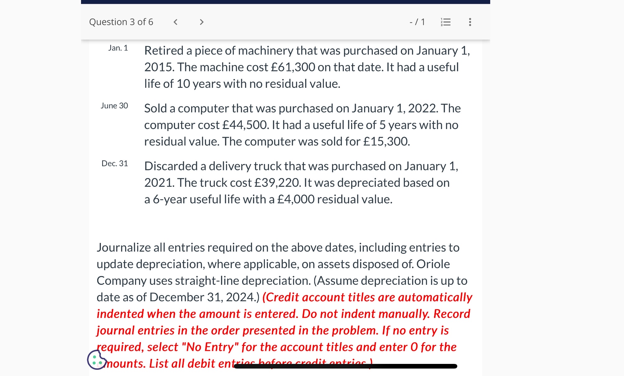 Solved Question 3 ﻿of 6Jan. 1 ﻿Retired a piece of machinery | Chegg.com