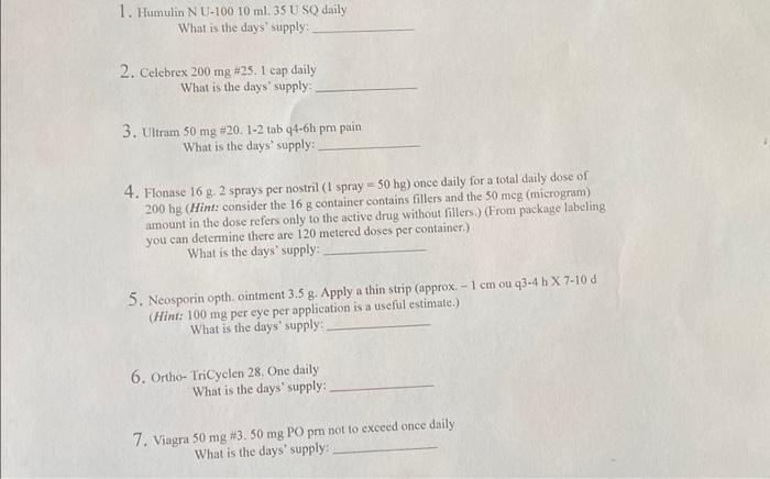 Solved 1. Humulin N U-100 10 ml. 35 U SQ daily What is the | Chegg.com
