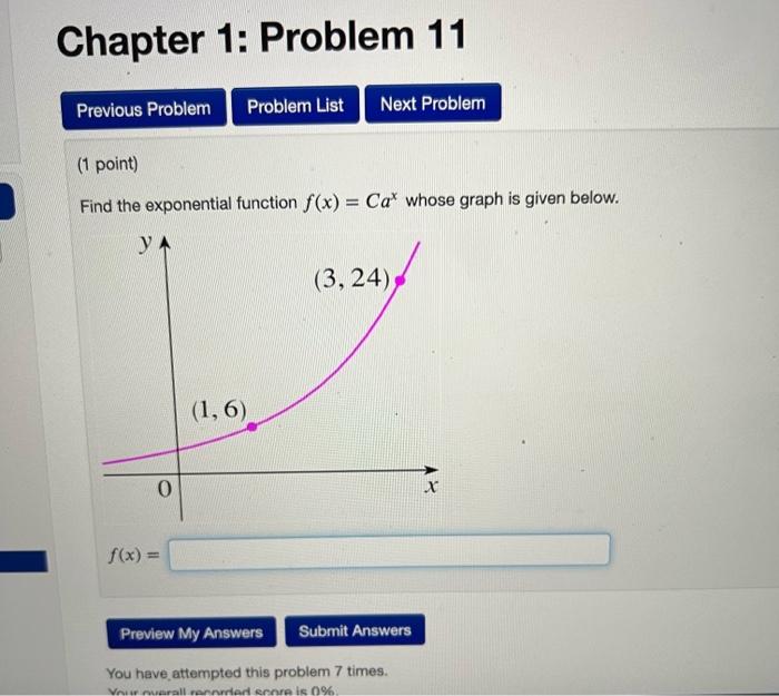 (1 point)
Find the exponential function \( f(x)=C a^{x} \) whose graph is given below.
\[
f(x)=
\]
You have, attempted this p