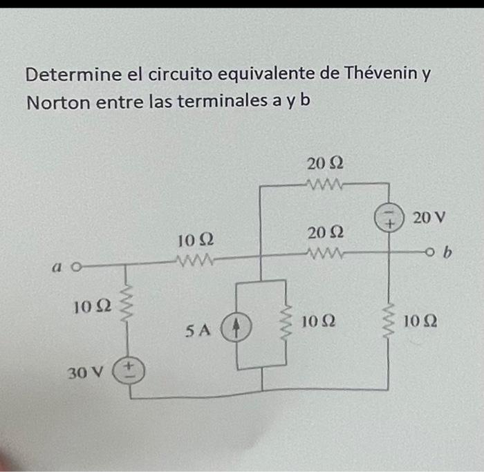 Determine el circuito equivalente de Thévenin y Norton entre las terminales \( a \) y \( b \)