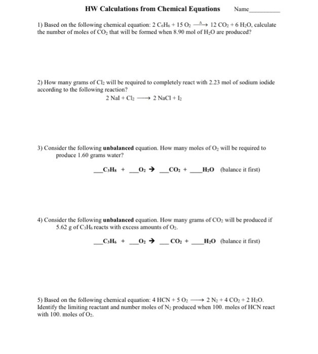 Solved Hw Calculations From Chemical Equations Name 1) Based 