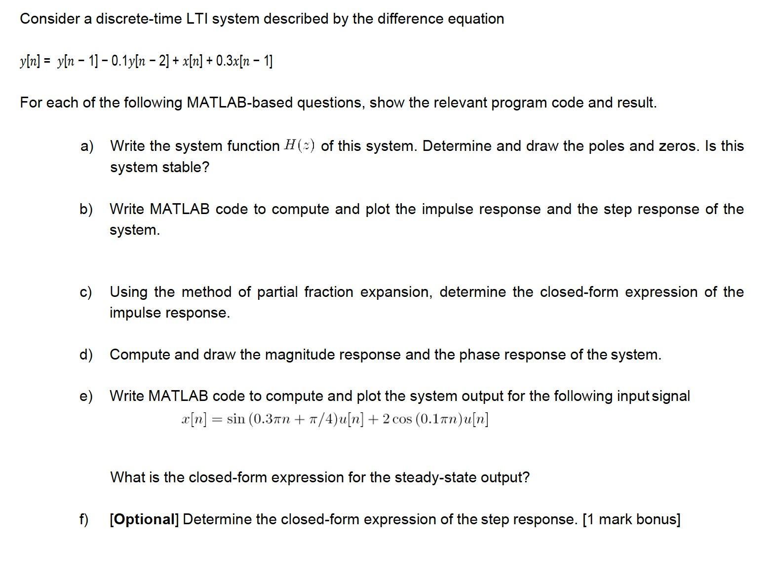 Solved Please answer parts a-f using MATLAB | Chegg.com