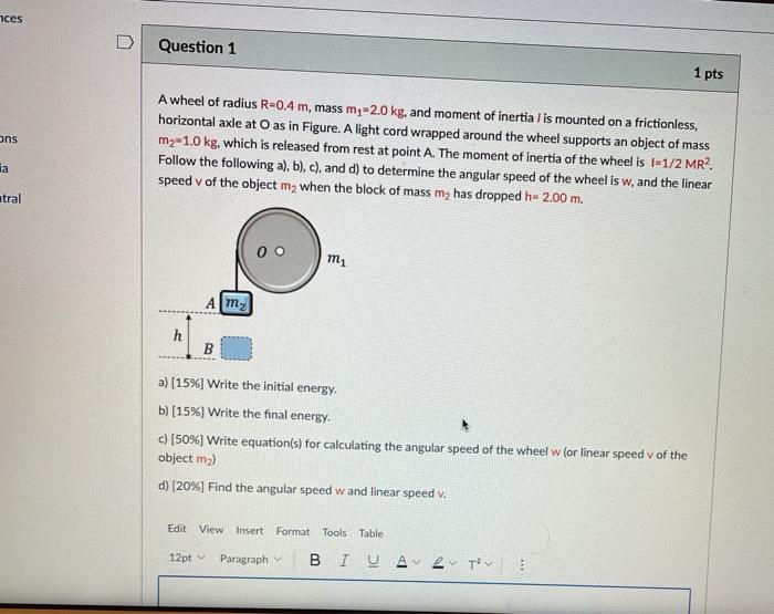 Solved nces D Question 1 1 pts ons A wheel of radius R=0.4 | Chegg.com