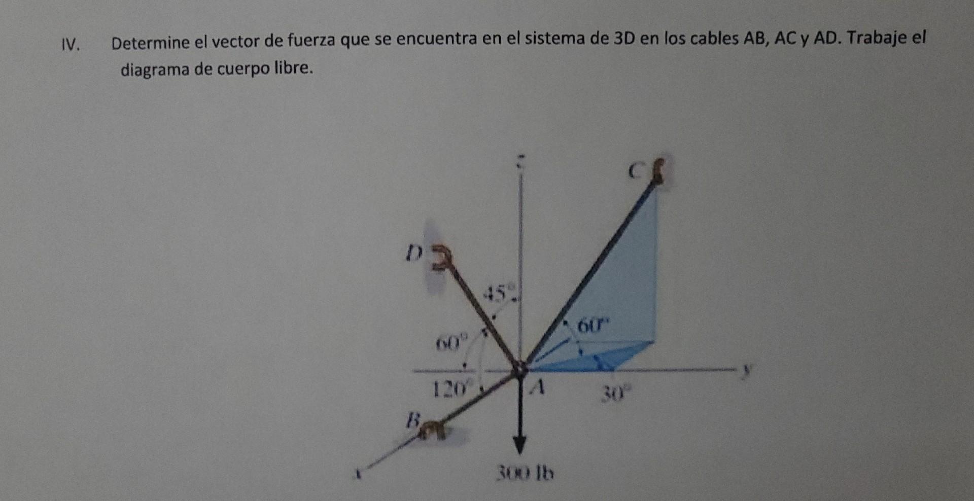 V. Determine el vector de fuerza que se encuentra en el sistema de \( 3 D \) en los cables \( A B, A C \) y \( A D \). Trabaj