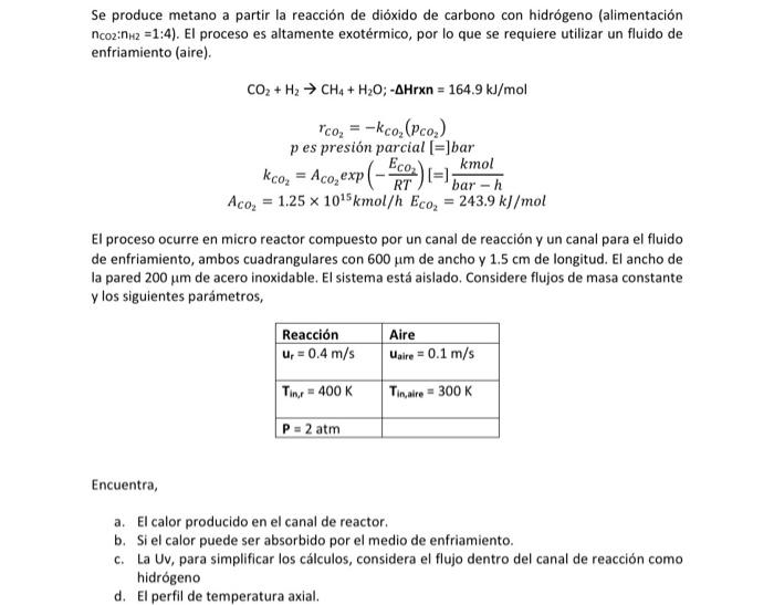 Se produce metano a partir la reacción de dióxido de carbono con hidrógeno (alimentación \( \left.n_{c o 2}: n_{H 2}=1: 4\rig